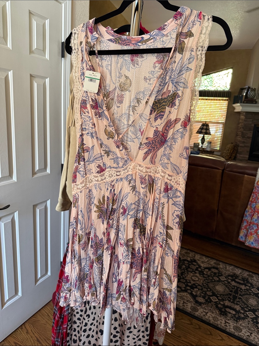 Free People Pink Floral Lace-Trim Mini Dress with Blue and Green Accents